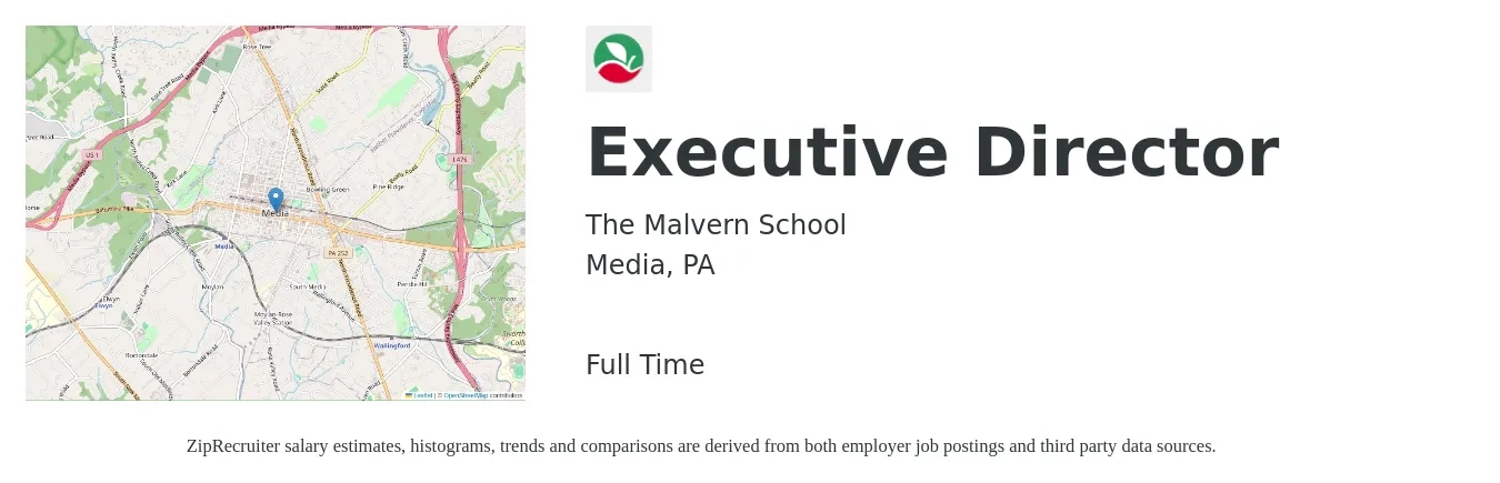 The Malvern School job posting for a Executive Director in Media, PA with a salary of $67,200 to $124,400 Yearly with a map of Media location.
