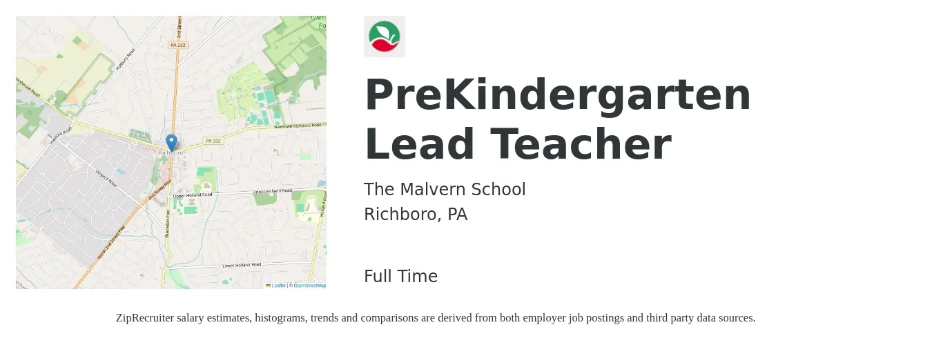 The Malvern School job posting for a PreKindergarten Lead Teacher in Richboro, PA with a salary of $14 to $20 Hourly with a map of Richboro location.
