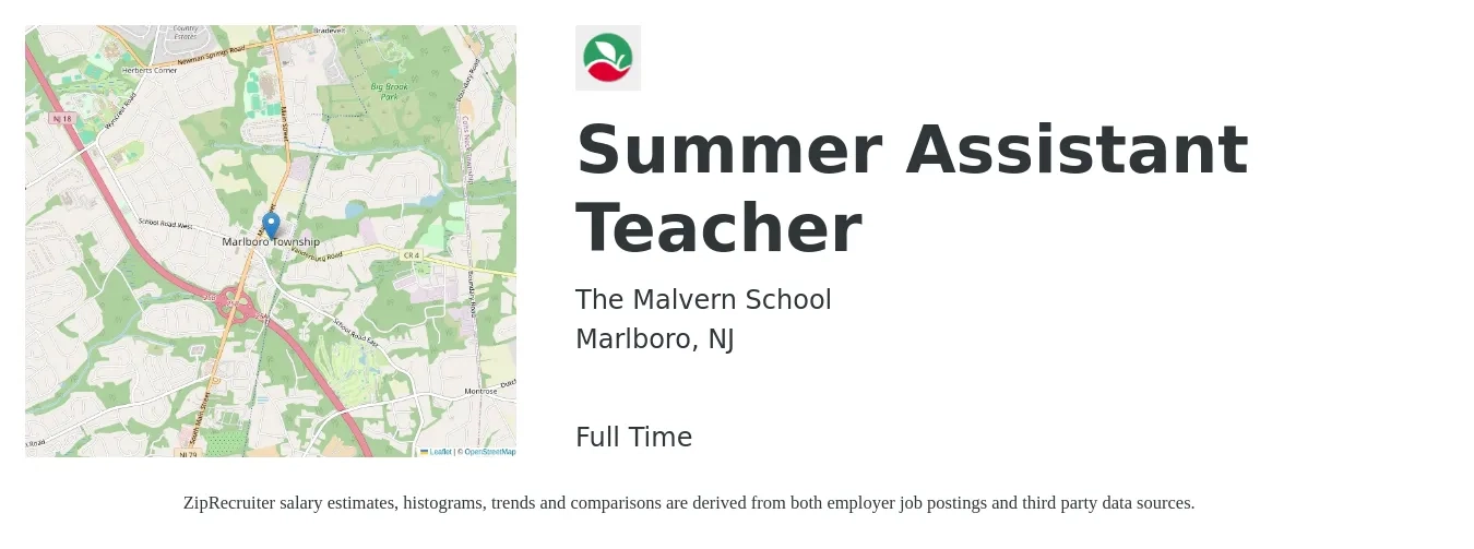 The Malvern School job posting for a Summer Assistant Teacher in Marlboro, NJ with a salary of $14 to $17 Hourly with a map of Marlboro location.