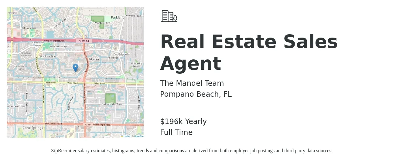 The Mandel Team job posting for a Real Estate Sales Agent in Pompano Beach, FL with a salary of $196,492 Yearly with a map of Pompano Beach location.