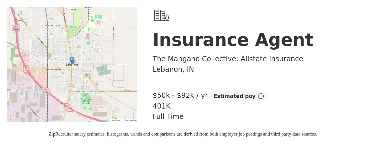 The Mangano Collective: Allstate Insurance job posting for a Insurance Agent in Lebanon, IN with a salary of $50,000 to $92,000 Yearly (plus commission) and benefits including 401k, and life_insurance with a map of Lebanon location.