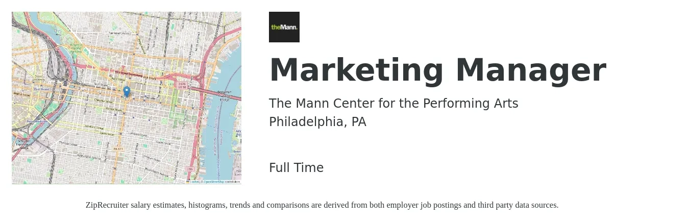 The Mann Center for the Performing Arts job posting for a Marketing Manager in Philadelphia, PA with a salary of $60,500 to $98,900 Yearly with a map of Philadelphia location.