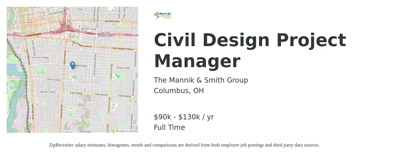 The Mannik & Smith Group job posting for a Civil Design Project Manager in Columbus, OH with a salary of $90,000 to $130,000 Yearly with a map of Columbus location.