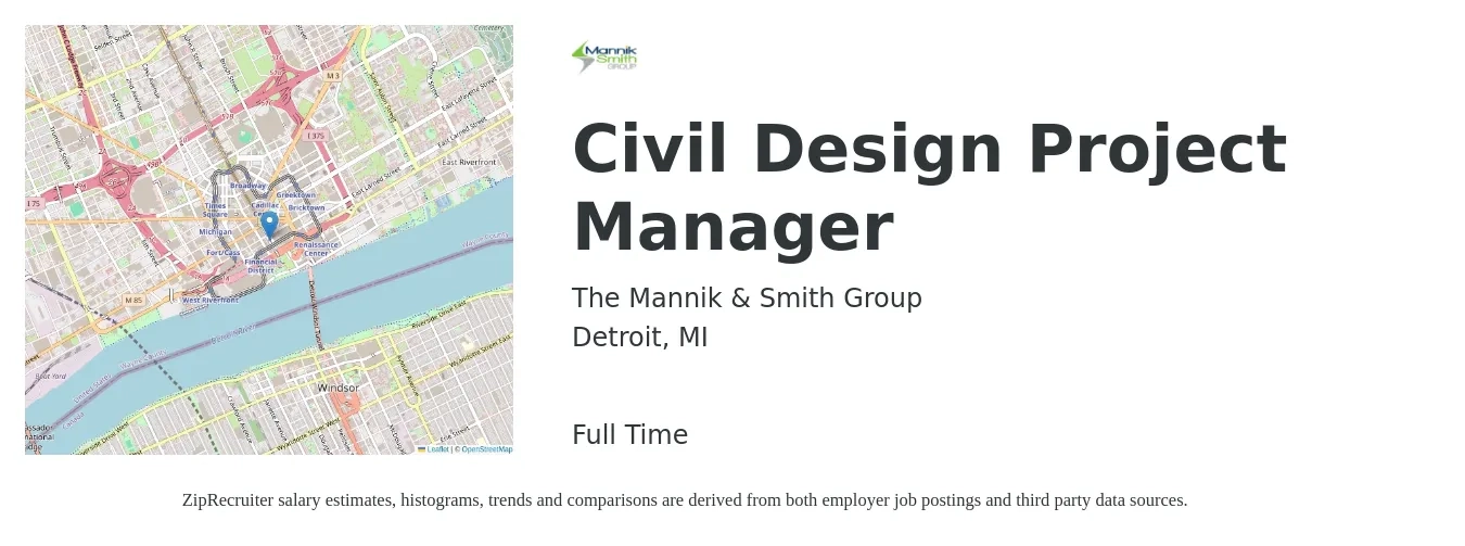 The Mannik & Smith Group job posting for a Civil Design Project Manager in Detroit, MI with a salary of $84,100 to $112,400 Yearly with a map of Detroit location.