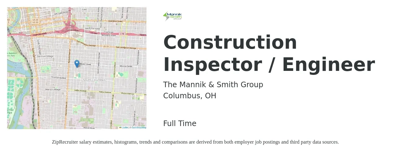 The Mannik & Smith Group job posting for a Construction Inspector / Engineer in Columbus, OH with a salary of $47,800 to $75,300 Yearly with a map of Columbus location.