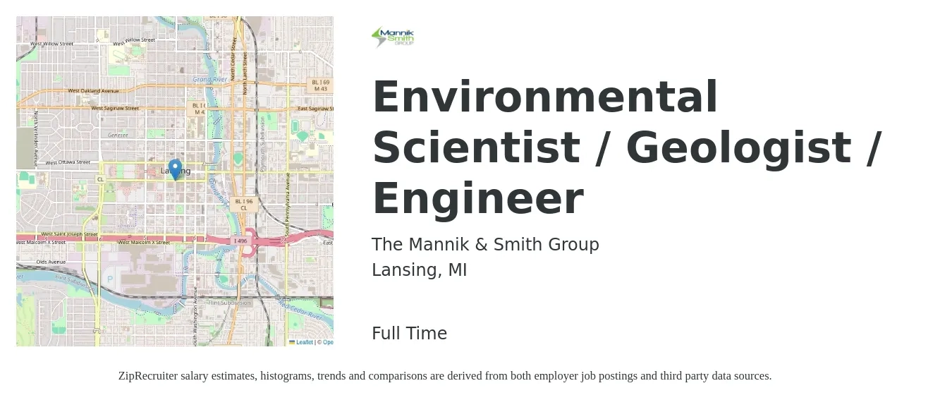 The Mannik & Smith Group job posting for a Environmental Scientist / Geologist / Engineer in Lansing, MI with a salary of $53,800 to $90,800 Yearly with a map of Lansing location.
