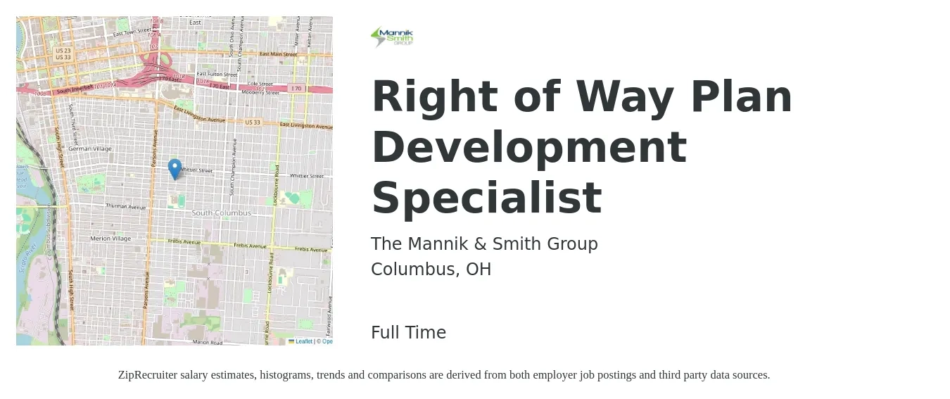 The Mannik & Smith Group job posting for a Right of Way Plan Development Specialist in Columbus, OH with a salary of $43,000 to $62,800 Yearly with a map of Columbus location.
