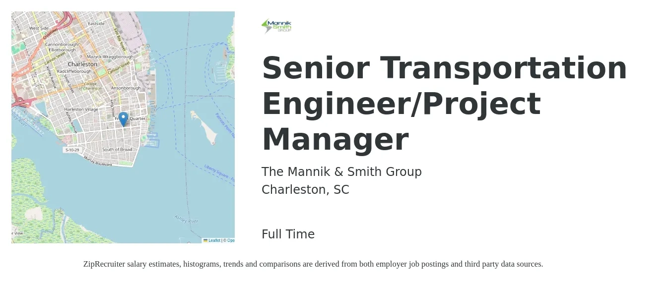 The Mannik & Smith Group job posting for a Senior Transportation Engineer/Project Manager in Charleston, SC with a salary of $92,600 to $120,700 Yearly with a map of Charleston location.