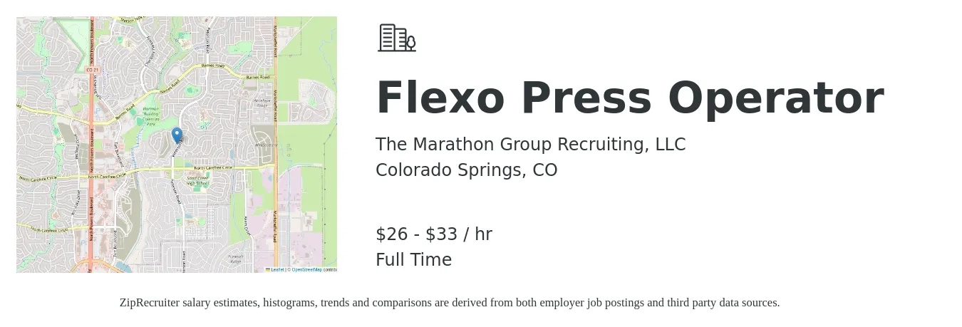 The Marathon Group Recruiting, LLC job posting for a Flexo Press Operator in Colorado Springs, CO with a salary of $28 to $35 Hourly with a map of Colorado Springs location.