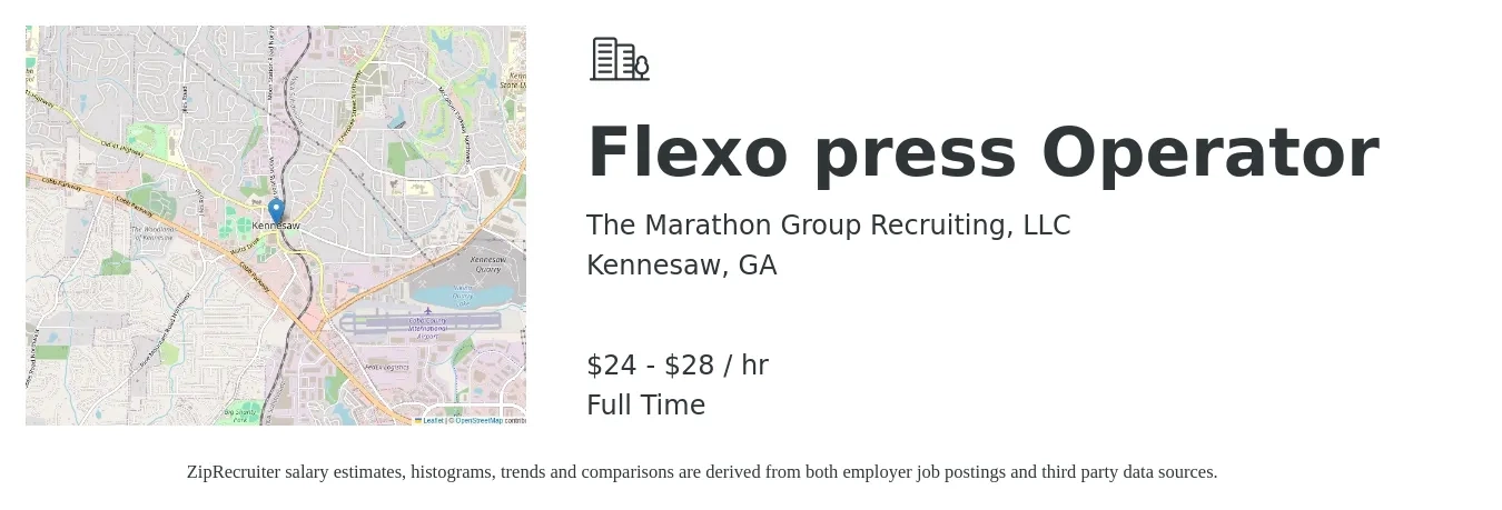 The Marathon Group Recruiting, LLC job posting for a Flexo press Operator in Kennesaw, GA with a salary of $25 to $30 Hourly with a map of Kennesaw location.