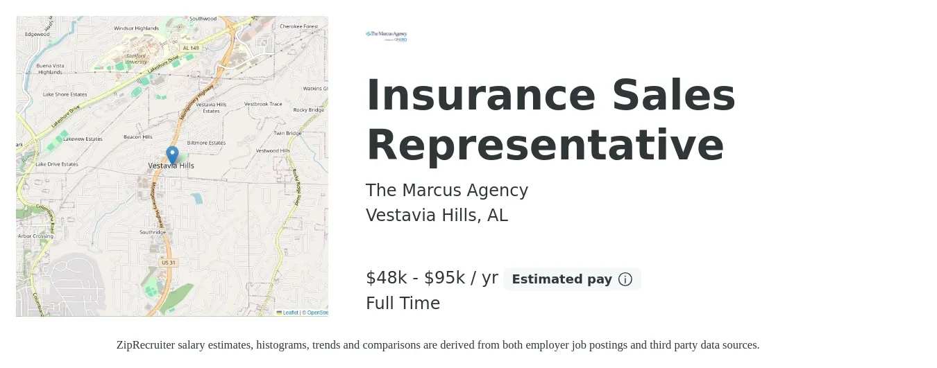The Marcus Agency job posting for a Insurance Sales Representative in Vestavia Hills, AL with a salary of $48,000 to $95,000 Yearly with a map of Vestavia Hills location.