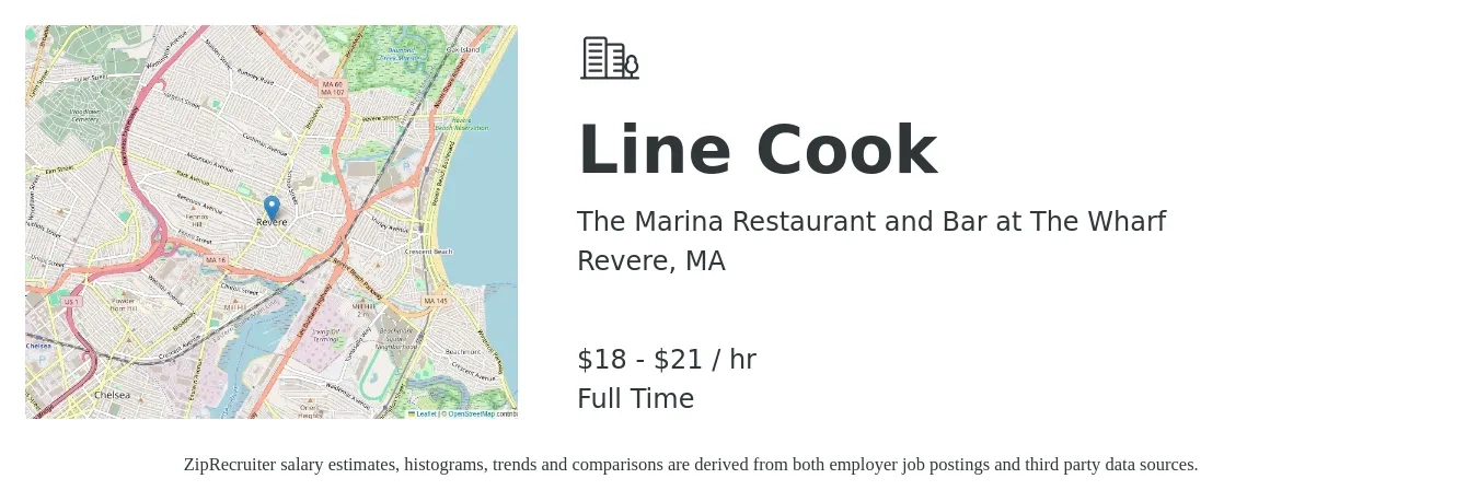 The Marina Restaurant and Bar at The Wharf job posting for a Line Cook in Revere, MA with a salary of $19 to $22 Hourly with a map of Revere location.