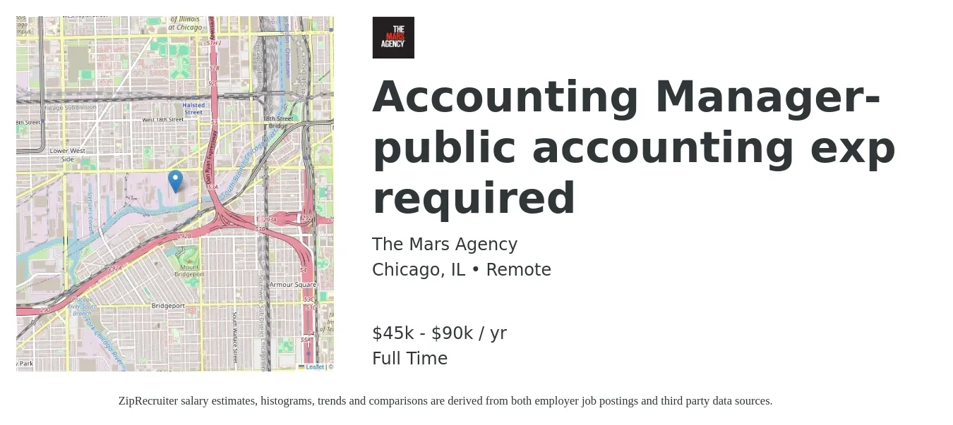 The Mars Agency job posting for a Accounting Manager- public accounting exp required in Chicago, IL with a salary of $70,000 to $90,000 Yearly with a map of Chicago location.