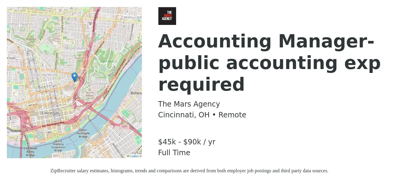 The Mars Agency job posting for a Accounting Manager- public accounting exp required in Cincinnati, OH with a salary of $70,000 to $90,000 Yearly with a map of Cincinnati location.