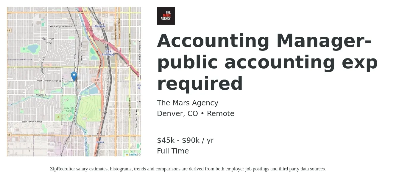 The Mars Agency job posting for a Accounting Manager- public accounting exp required in Denver, CO with a salary of $70,000 to $90,000 Yearly with a map of Denver location.