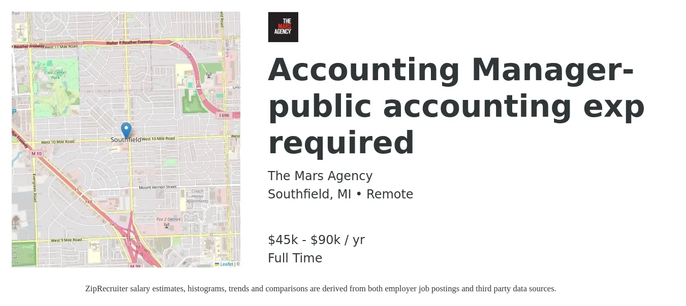 The Mars Agency job posting for a Accounting Manager- public accounting exp required in Southfield, MI with a salary of $70,000 to $90,000 Yearly with a map of Southfield location.
