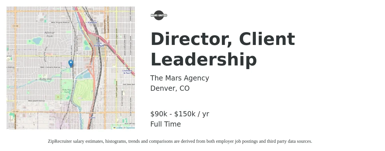 The Mars Agency job posting for a Director, Client Leadership in Denver, CO with a salary of $120,000 to $150,000 Yearly with a map of Denver location.
