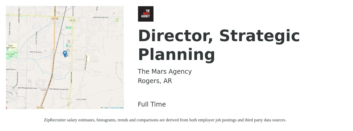 The Mars Agency job posting for a Director, Strategic Planning in Rogers, AR with a salary of $86,300 to $117,300 Yearly with a map of Rogers location.