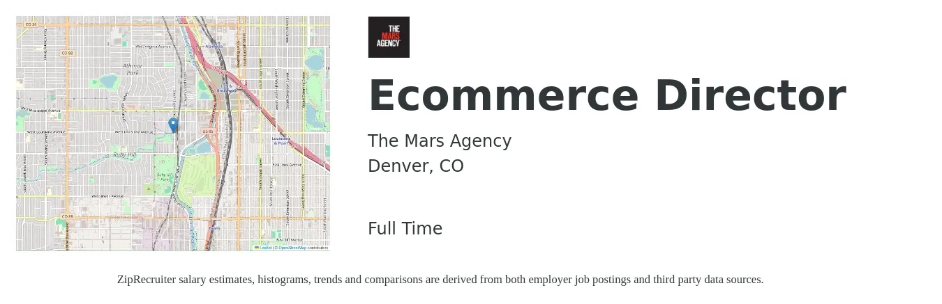 The Mars Agency job posting for a Ecommerce Director in Denver, CO with a salary of $97,800 to $151,800 Yearly with a map of Denver location.