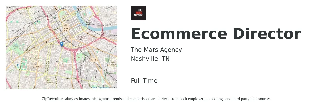 The Mars Agency job posting for a Ecommerce Director in Nashville, TN with a salary of $91,800 to $142,500 Yearly with a map of Nashville location.