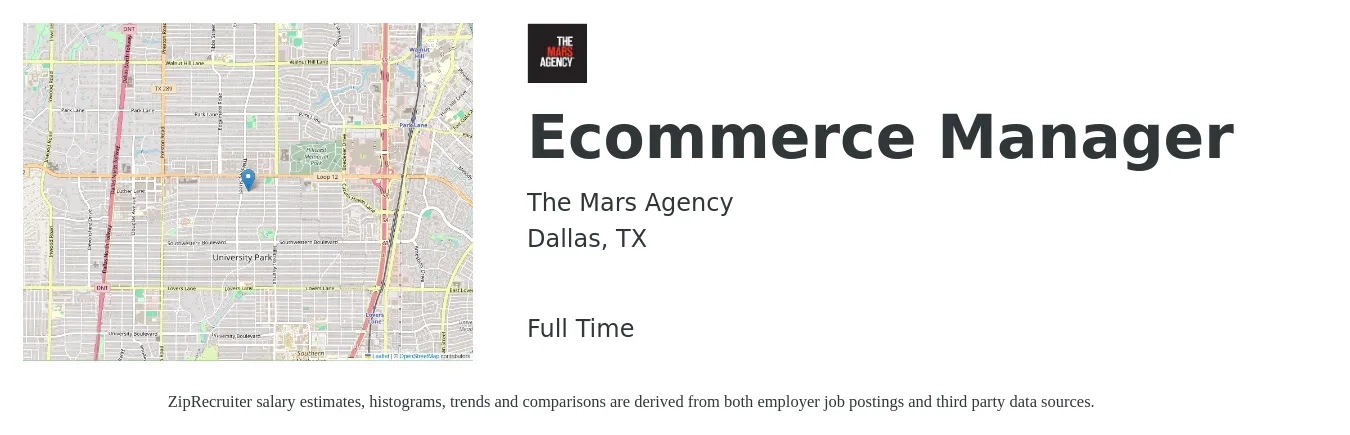 The Mars Agency job posting for a Ecommerce Manager in Dallas, TX with a salary of $57,400 to $95,000 Yearly with a map of Dallas location.