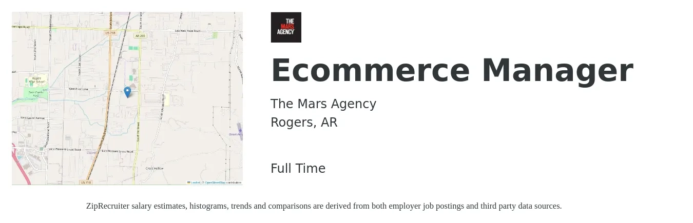 The Mars Agency job posting for a Ecommerce Manager in Rogers, AR with a salary of $48,600 to $80,400 Yearly with a map of Rogers location.