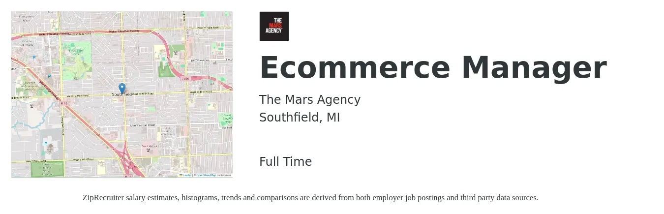 The Mars Agency job posting for a Ecommerce Manager in Southfield, MI with a salary of $53,600 to $88,700 Yearly with a map of Southfield location.