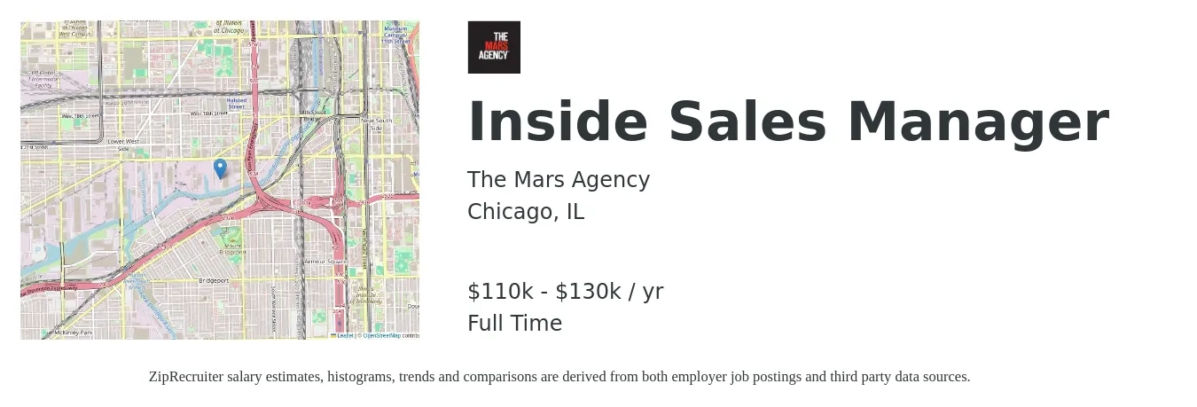 The Mars Agency job posting for a Inside Sales Manager in Chicago, IL with a salary of $60,800 to $87,600 Yearly with a map of Chicago location.