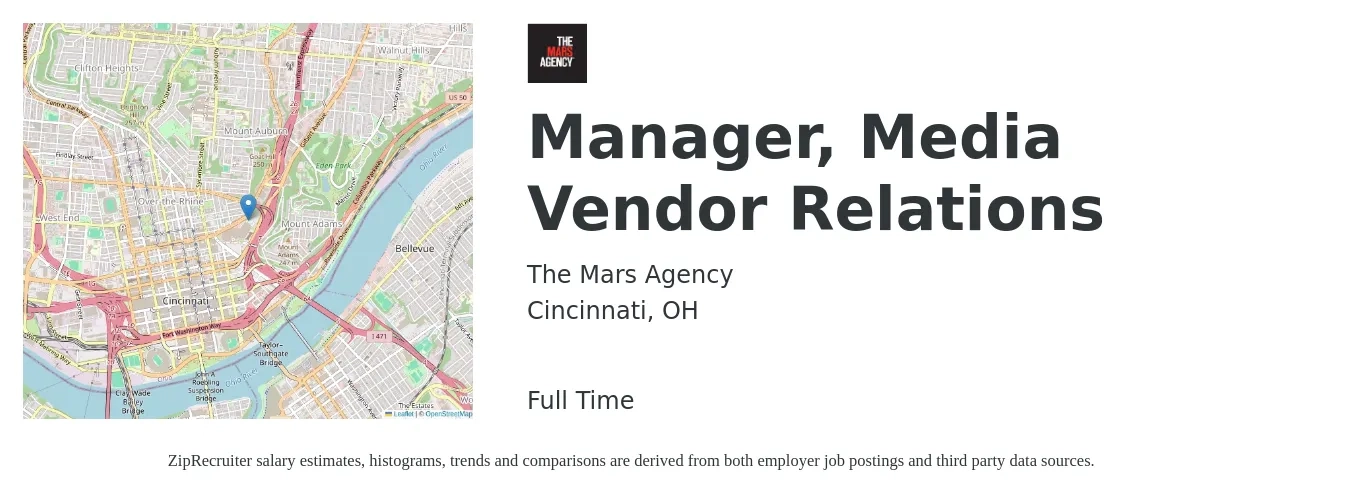 The Mars Agency job posting for a Manager, Media Vendor Relations in Cincinnati, OH with a salary of $73,900 to $112,700 Yearly with a map of Cincinnati location.
