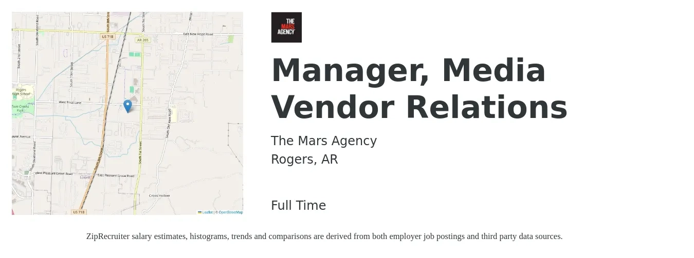 The Mars Agency job posting for a Manager, Media Vendor Relations in Rogers, AR with a salary of $64,500 to $98,500 Yearly with a map of Rogers location.