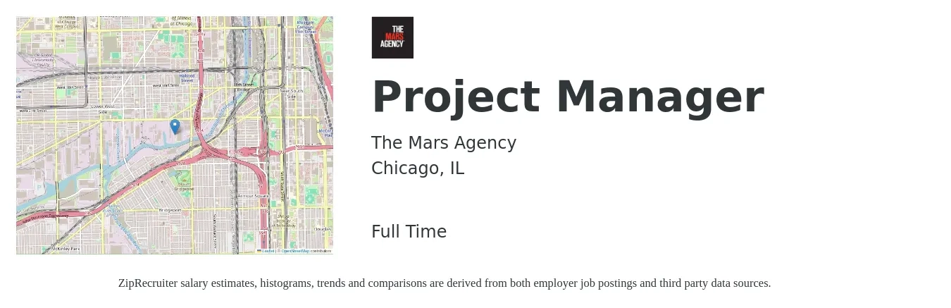 The Mars Agency job posting for a Project Manager in Chicago, IL with a salary of $80,900 to $126,700 Yearly with a map of Chicago location.