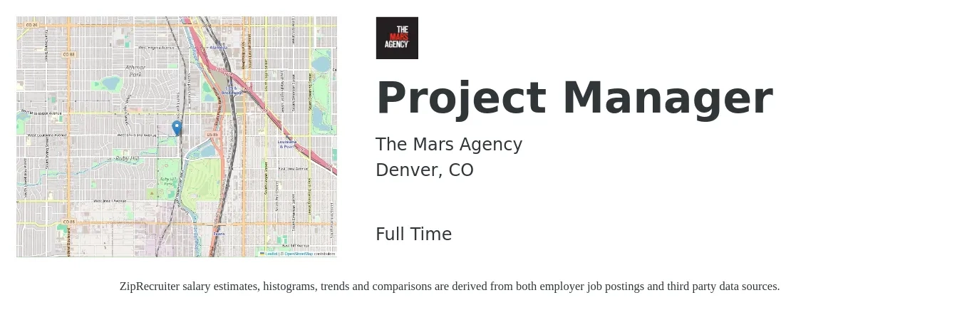 The Mars Agency job posting for a Project Manager in Denver, CO with a salary of $80,800 to $126,600 Yearly with a map of Denver location.