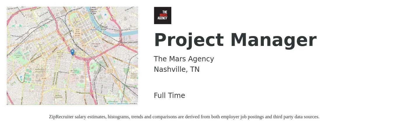 The Mars Agency job posting for a Project Manager in Nashville, TN with a salary of $75,800 to $118,800 Yearly with a map of Nashville location.