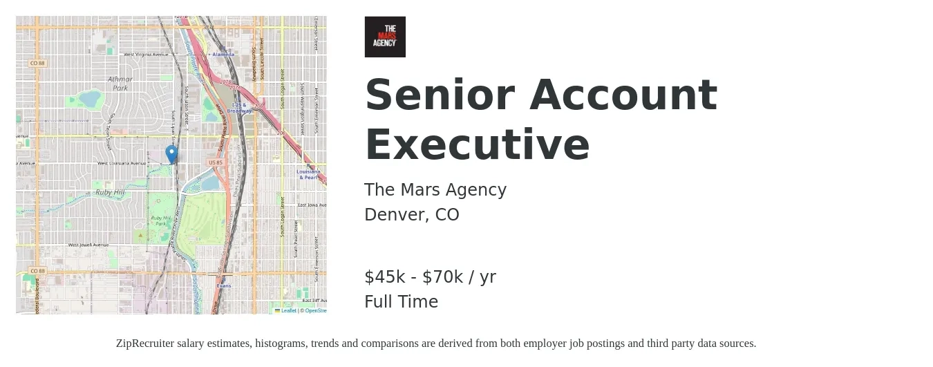 The Mars Agency job posting for a Senior Account Executive in Denver, CO with a salary of $65,000 to $75,000 Yearly with a map of Denver location.