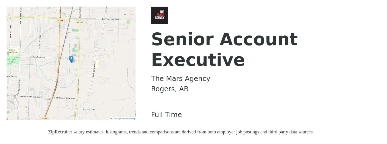 The Mars Agency job posting for a Senior Account Executive in Rogers, AR with a salary of $65,000 to $75,000 Yearly with a map of Rogers location.