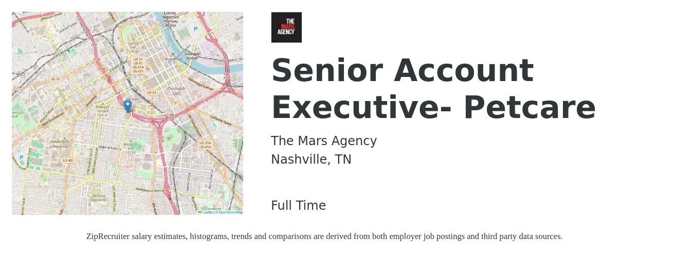 The Mars Agency job posting for a Senior Account Executive- Petcare in Nashville, TN with a salary of $74,400 to $114,000 Yearly with a map of Nashville location.