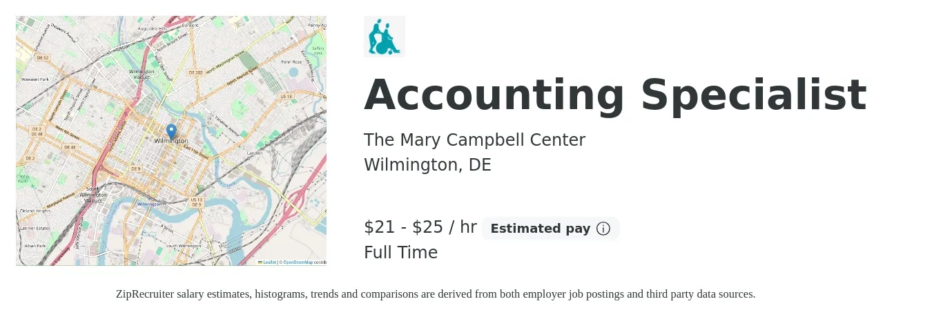 The Mary Campbell Center job posting for a Accounting Specialist in Wilmington, DE with a salary of $22 to $26 Hourly with a map of Wilmington location.