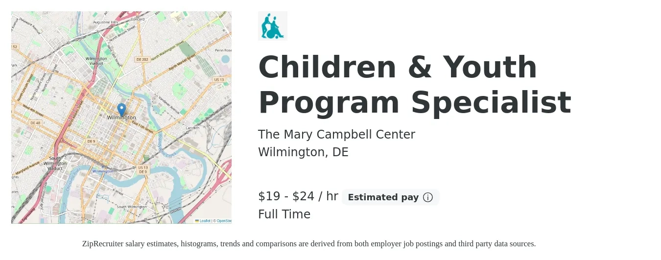The Mary Campbell Center job posting for a Children & Youth Program Specialist in Wilmington, DE with a salary of $20 to $25 Hourly with a map of Wilmington location.