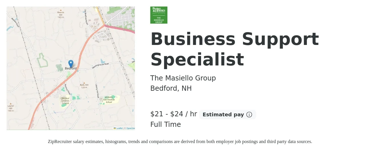 The Masiello Group job posting for a Business Support Specialist in Bedford, NH with a salary of $45,800 to $81,800 Yearly with a map of Bedford location.