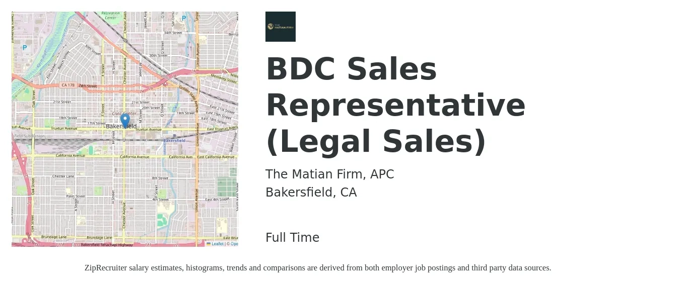 The Matian Firm, APC job posting for a BDC Sales Representative (Legal Sales) in Bakersfield, CA with a salary of $20 to $26 Hourly with a map of Bakersfield location.