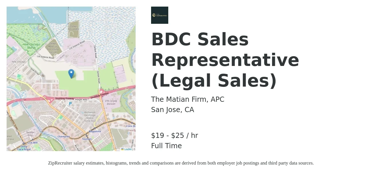 The Matian Firm, APC job posting for a BDC Sales Representative (Legal Sales) in San Jose, CA with a salary of $20 to $26 Hourly with a map of San Jose location.
