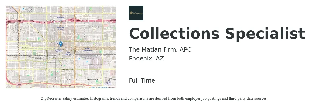 The Matian Firm, APC job posting for a Collections Specialist in Phoenix, AZ with a salary of $18 to $25 Hourly with a map of Phoenix location.