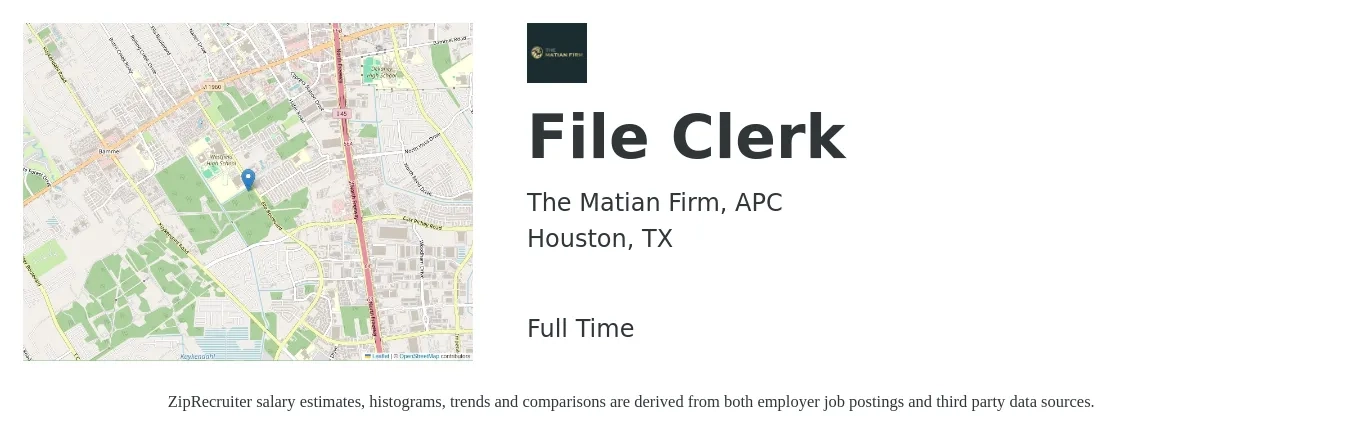The Matian Firm, APC job posting for a File Clerk in Houston, TX with a salary of $16 to $19 Hourly with a map of Houston location.