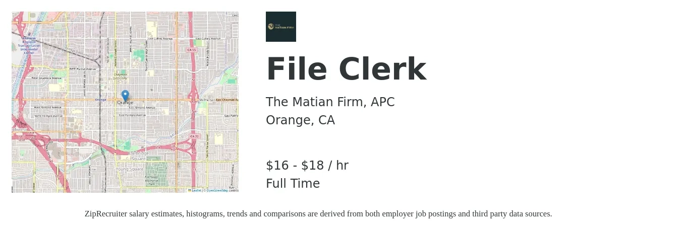 The Matian Firm, APC job posting for a File Clerk in Orange, CA with a salary of $18 to $19 Hourly with a map of Orange location.