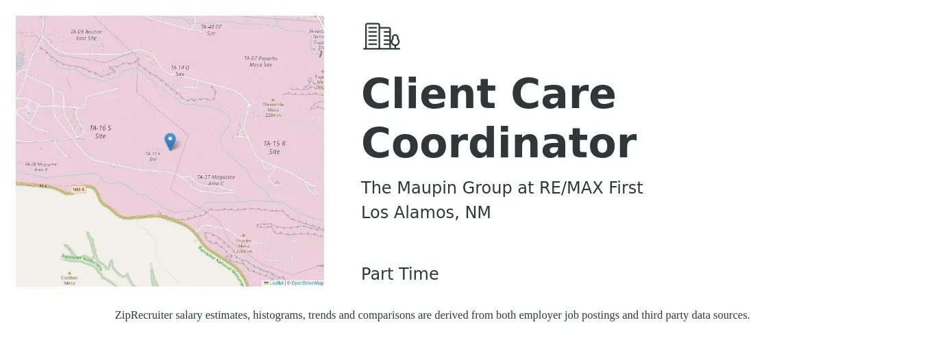 The Maupin Group at RE/MAX First job posting for a Client Care Coordinator in Los Alamos, NM with a salary of $25 to $30 Hourly with a map of Los Alamos location.