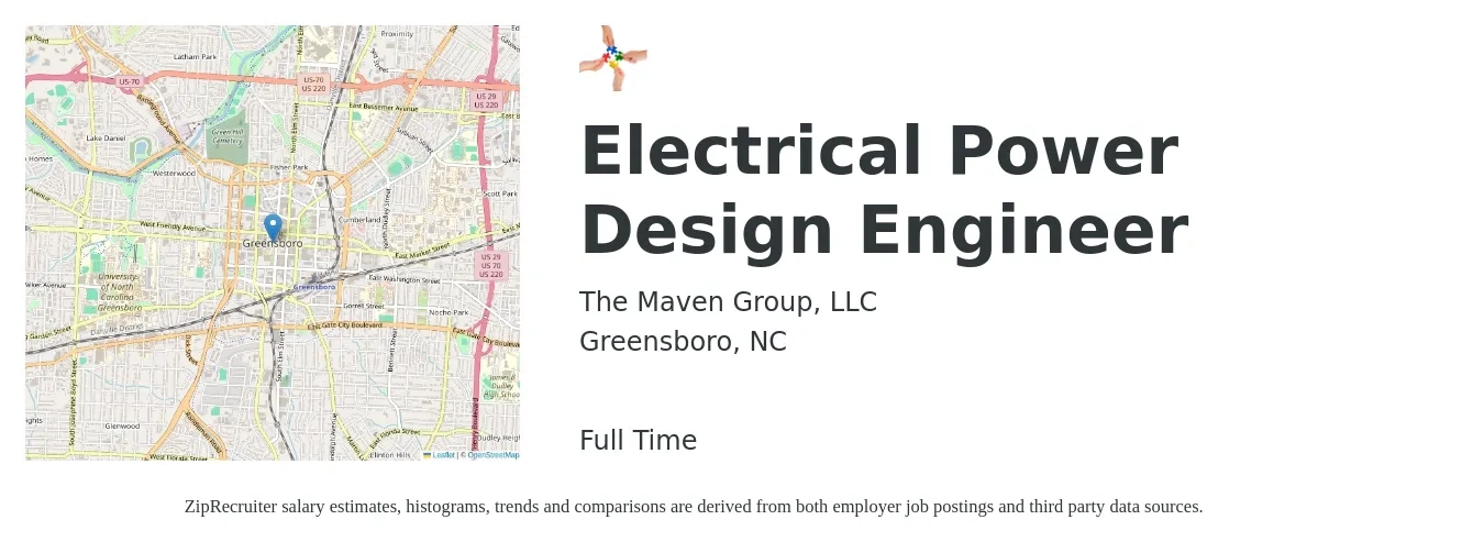 The Maven Group, LLC job posting for a Electrical Power Design Engineer in Greensboro, NC with a salary of $80,000 to $112,000 Yearly with a map of Greensboro location.