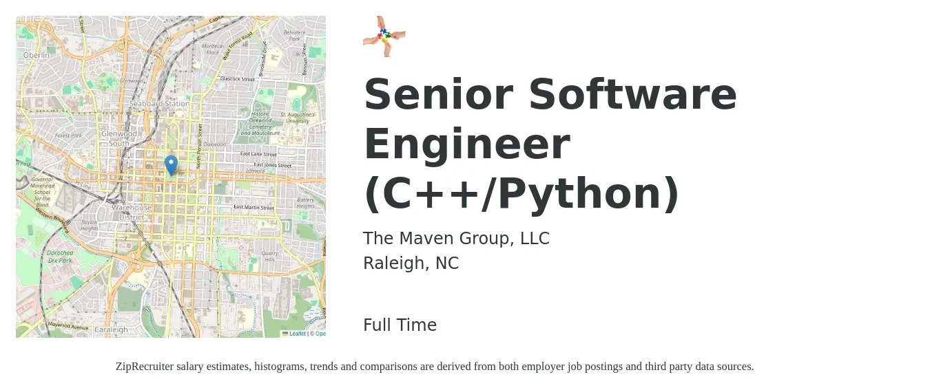 The Maven Group, LLC job posting for a Senior Software Engineer (C++/Python) in Raleigh, NC with a salary of $119,100 to $157,000 Yearly with a map of Raleigh location.