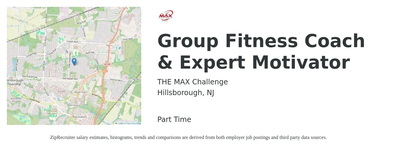 THE MAX Challenge job posting for a Group Fitness Coach & Expert Motivator in Hillsborough, NJ with a salary of $30 to $35 Hourly with a map of Hillsborough location.