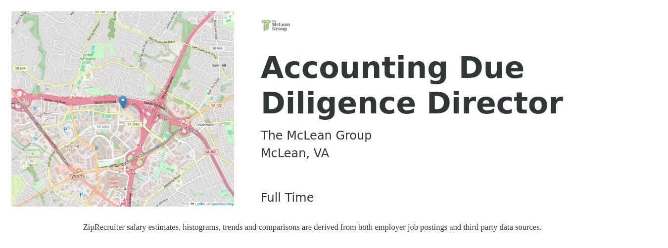 The McLean Group job posting for a Accounting Due Diligence Director in McLean, VA with a salary of $106,100 to $161,700 Yearly with a map of McLean location.