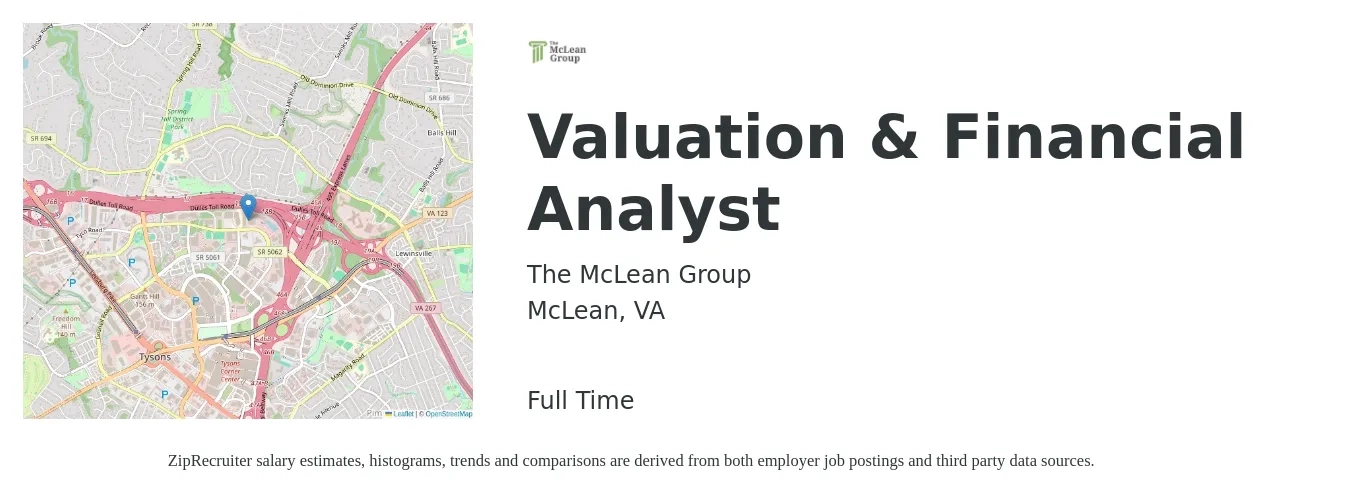 The McLean Group job posting for a Valuation & Financial Analyst in McLean, VA with a salary of $70,800 to $111,700 Yearly with a map of McLean location.